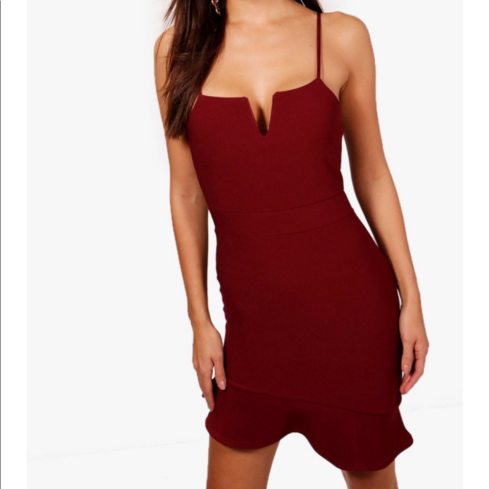 BOOHOO Plunge Neck Asymmetric Bodycon Dress